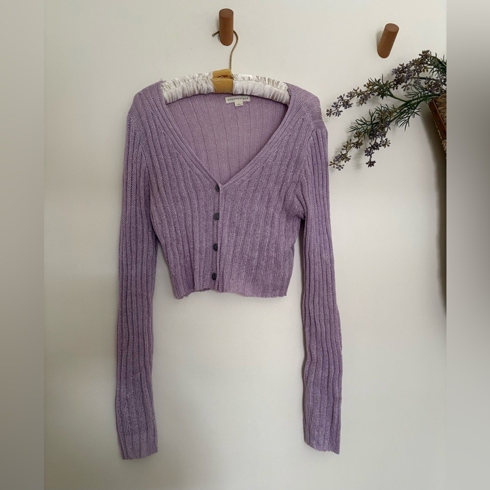 Lavender Purple Ribbed Buttoned Cardigan Y2K-L